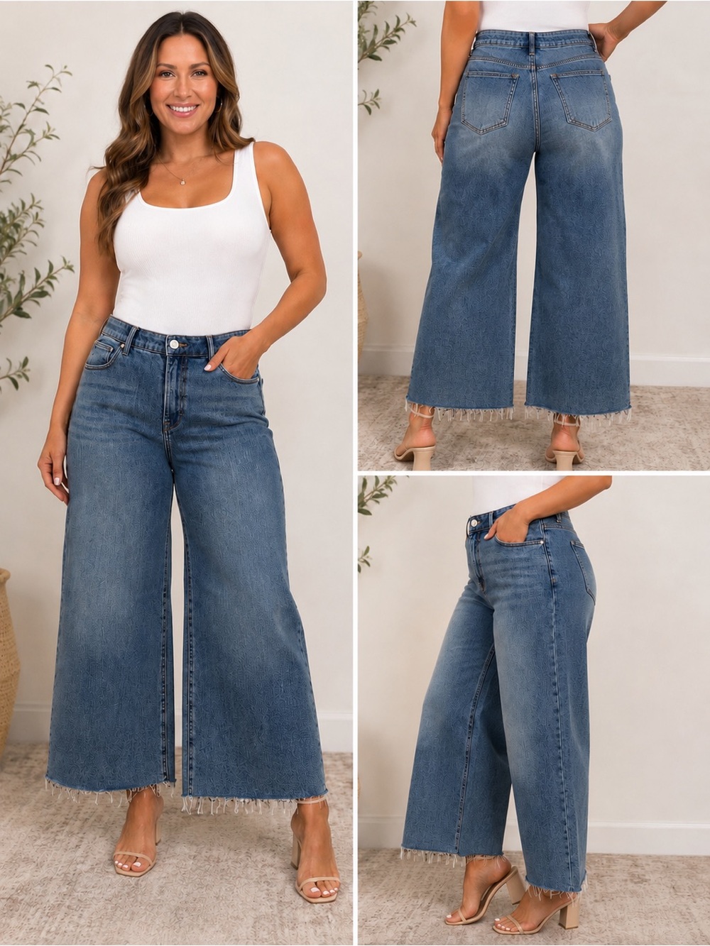 Risen Jeans 1XL High Rise Wide Leg Cropped Raw Hem Denim